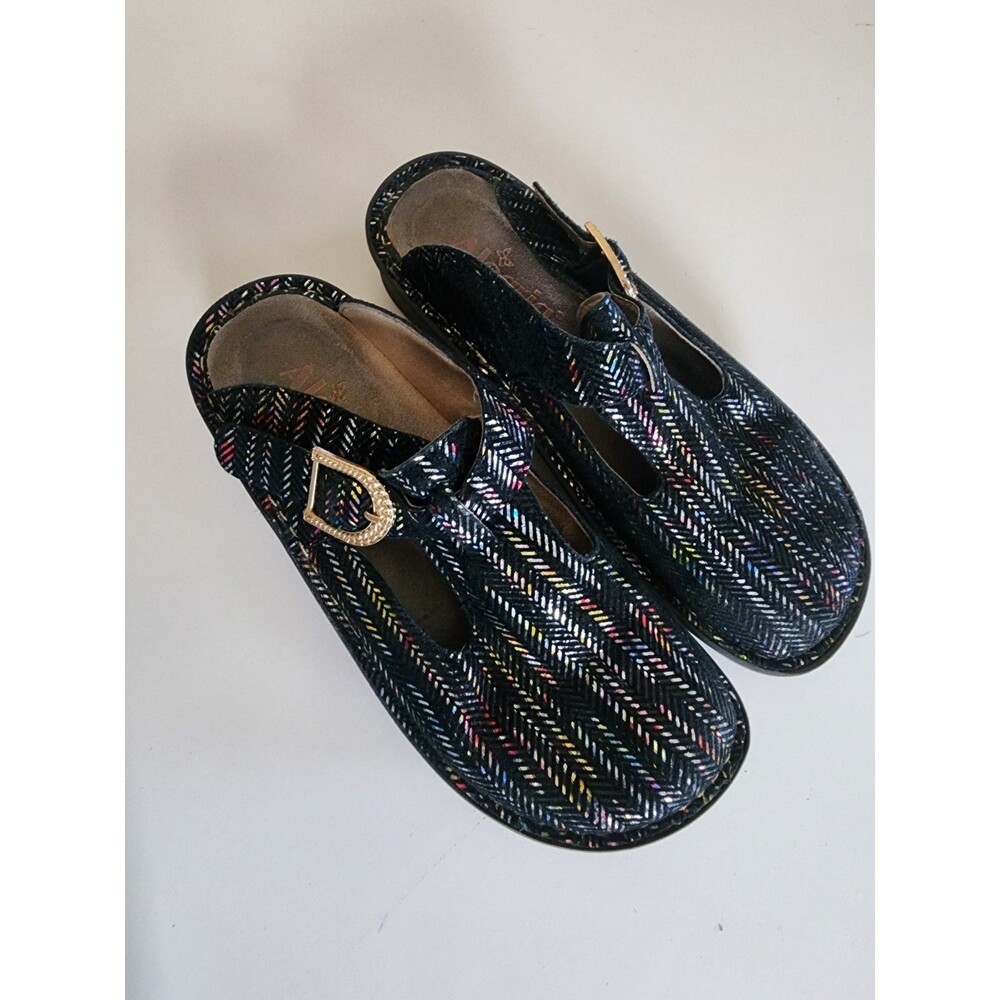 Women's Alegria Freesia Black Multicolor Mules Slip-Ons Buckle Wedge Size 36